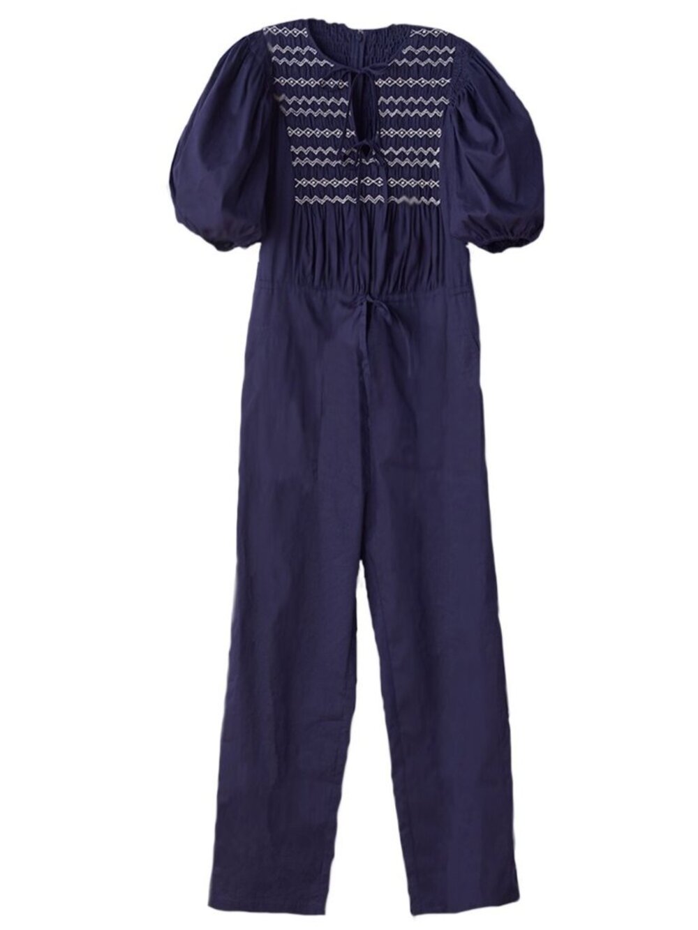 Sea New York Jumpsuit Embroidered Size 00 Blue Tie Smocked Short Sleeve Womens